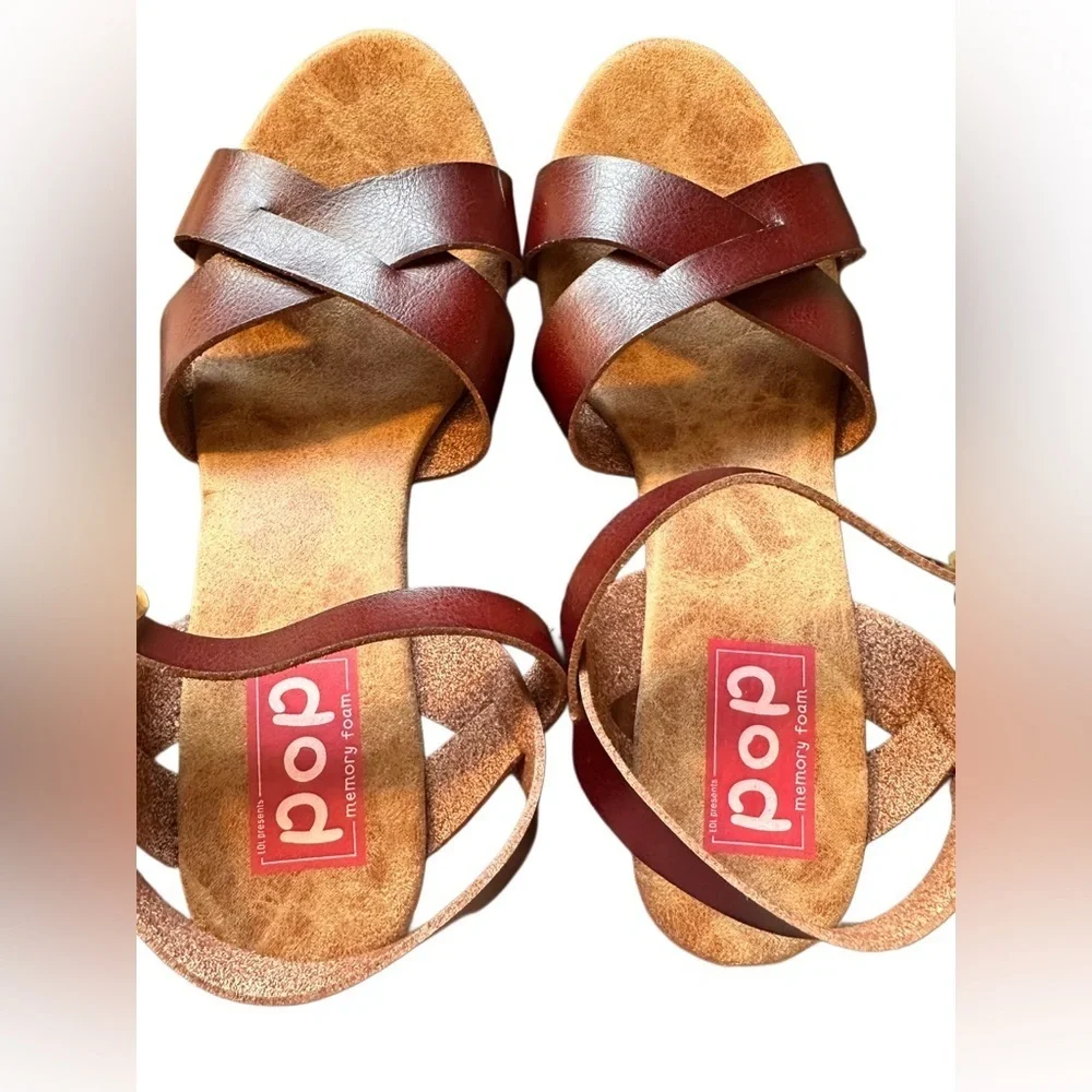 POP Women’s Memory Foam Open Toe Open Back Wedge Heel Sandal Brown Size 9